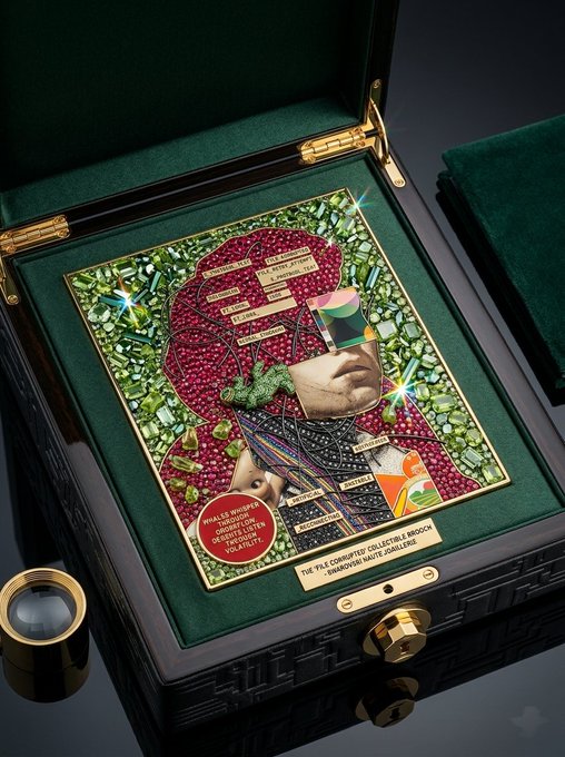 A "FULL CORRUPTED COLLECTIBLE BROOCH" mosaic artwork featuring Napoleon's face in jewels is displayed in an ornate black box with green velvet lining, accompanied by a small magnifying glass.