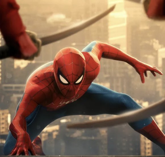 Spider-Man crouches in a defensive, action-ready pose on a rooftop with a cityscape behind him, as if dodging multiple weapons or tendrils. The image pairs with the "$AMC ToTheMoon" post to humorously suggest the stock is a superhero dodging short-seller attacks and soaring to the moon.