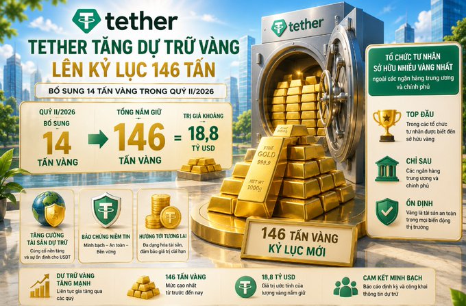A Vietnamese-language Tether infographic announcing that Tether's gold reserves reached a record 146 tons, adding 14 tons in Q2/2026, with a value of $18.8 billion USD.