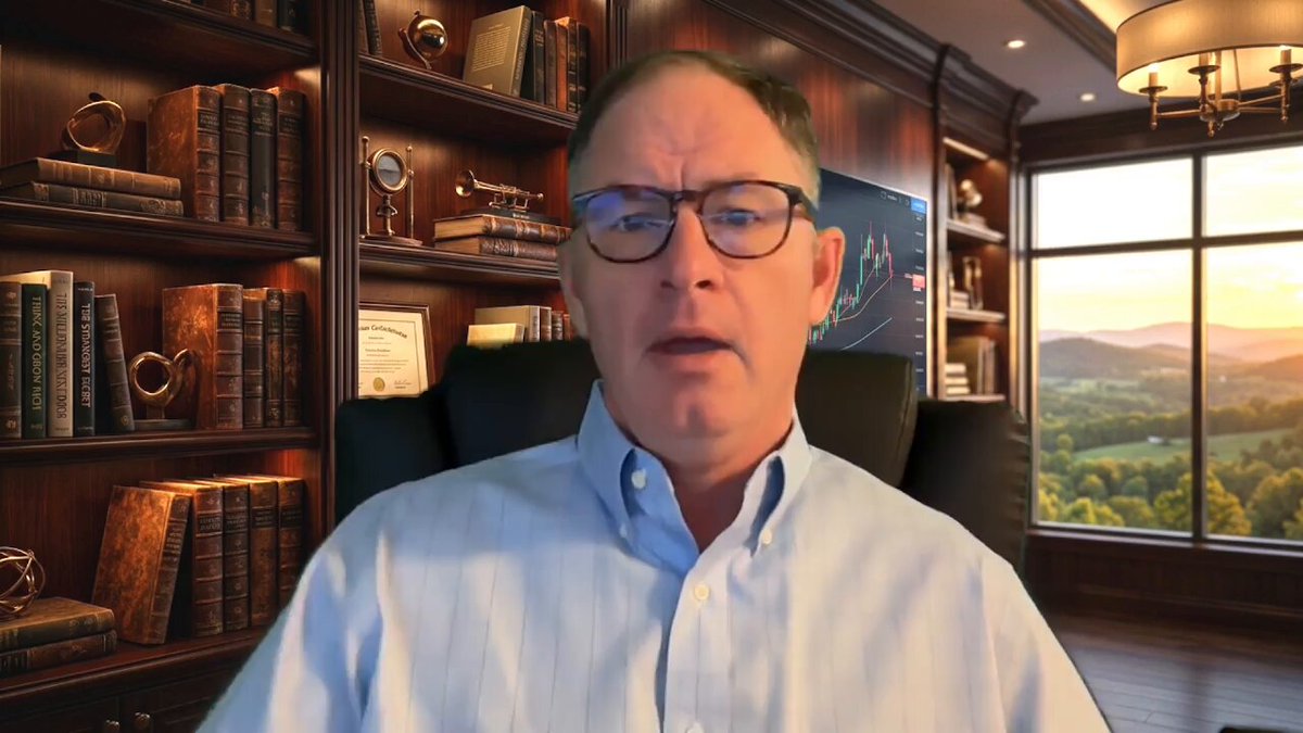A man wearing glasses is sitting at a desk with a computer screen in front of him, appearing to be giving a presentation or speaking into a camera. The background features a window overlooking a beautiful view of mountains, suggesting that he might be in an office located near a scenic outdoor area.