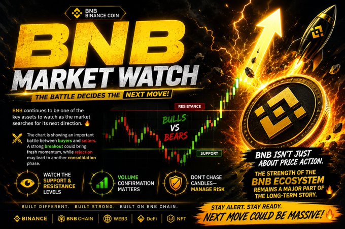 A promotional graphic titled 'BNB MARKET WATCH' featuring Binance Coin branding, a candlestick chart showing 'BULLS VS BEARS', and text reading 'STAY ALERT. STAY READY. NEXT MOVE COULD BE MASSIVE!'.