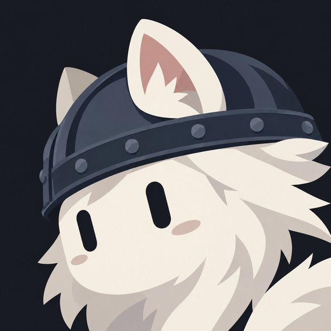 A cute anime-style illustration shows a fluffy white character with cat ears wearing a dark metal helmet, featuring simple oval black eyes and pink blush marks on a dark background.