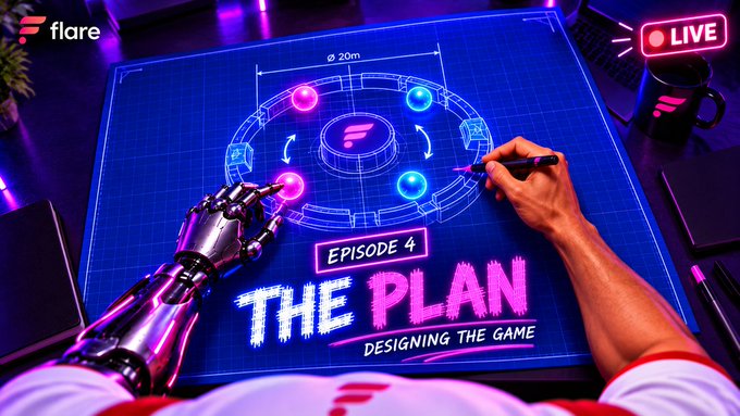 A promotional graphic for 'Flare' showing Episode 4 titled 'THE PLAN: DESIGNING THE GAME,' featuring a robotic hand and human hand working together on a blueprint design with a LIVE indicator.