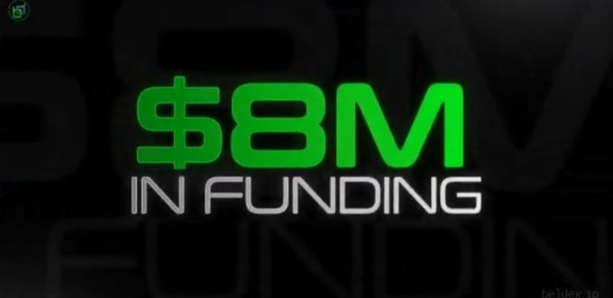A bold graphic announcement displaying '$8M IN FUNDING' in green and white text on a dark background, with a Beldex logo visible in the corner.