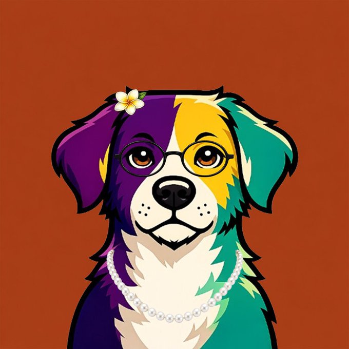 A stylized digital portrait of a dog with multi-colored fur (purple, yellow, teal, and cream), wearing round glasses, a pearl necklace, and a white plumeria flower behind its ear, set against a warm brown background.