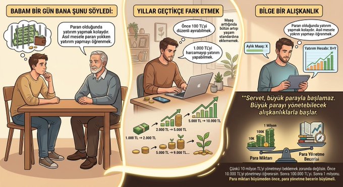 A Turkish-language financial infographic titled 'BABAM BİR GÜN BANA ŞUNU SÖYLEDİ' featuring cartoon illustrations of a man talking with his father and learning about compound interest and investment growth.