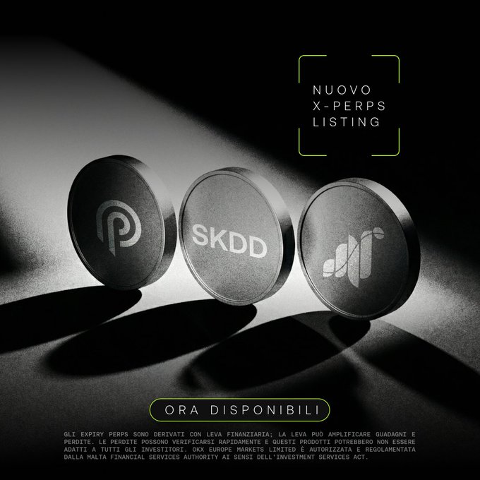 Cryptocurrency advertisement announcing a 'NUOVO X-PERPS LISTING' (New X-Perps Listing) featuring 3D metallic tokens labeled with logos for Polkadot (DOT), SKDD, and Algorand.