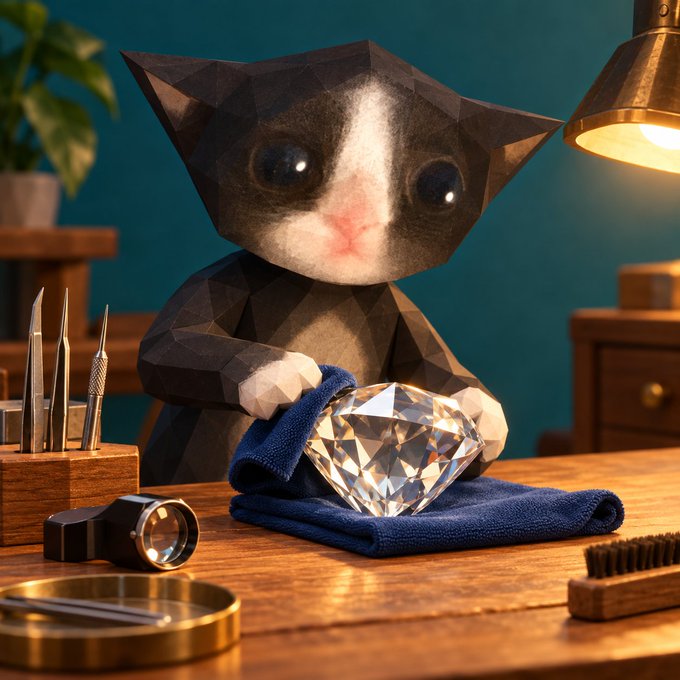 A low-poly, geometric figurine of a black and white cat sitting at a wooden jeweler's workbench, holding a large sparkling diamond resting on a blue cloth, illuminated by a warm brass lamp.
