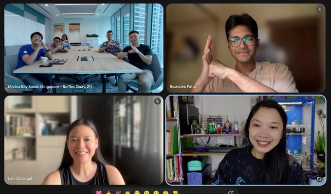 A four-pane video call screenshot showing participants including Marina Bay Sands (Singapore - Raffles Quay, 21), Risavdeb Patra, Lani Qubaquil, and Kitty Ho in a meeting.