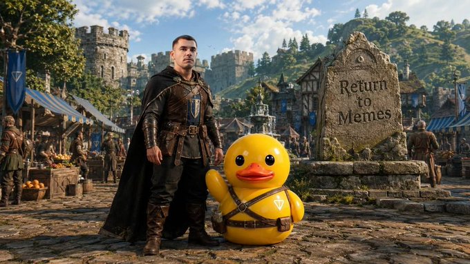 A fantasy knight stands next to a giant rubber duck in front of a "Return to Memes" tombstone, symbolizing a return to lightheartedness and the potential for "$UTYA" to bring about a positive change.
