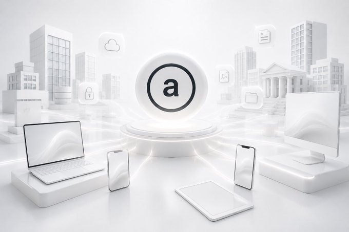 A 3D rendered white conceptual image showing various devices like a laptop, phone, and monitor connected to a central glowing 'a' icon with digital symbols floating around.