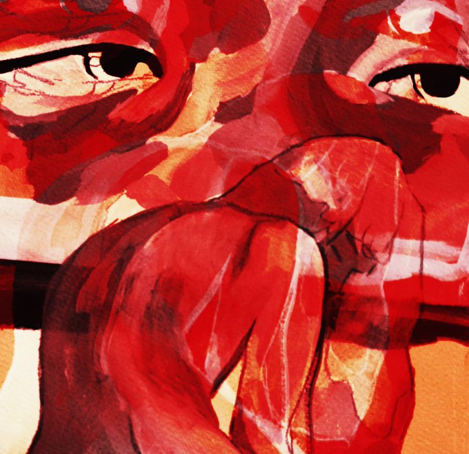 The image features a painting of a person's face with red paint, which appears to be a watercolor style. The painting has a lot of detail and is quite large, covering most of the frame. The background of the painting is orange, providing a striking contrast to the red face. The painting also includes a man's eyes, adding depth and dimension to the artwork. The image is accompanied by text that reads "4 editions minted @ozmandium @Sx_Zr04 2X @mrbretjolliffe Thank you so much for your support Open edition still live on @objktcom 2 Xtz objkt.com/tokens/KT1NU4X".
