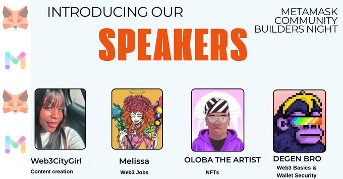 Promotional graphic for the "MetaMask Community Builders Night" introducing four speakers: Web3CityGirl (Content creation), Melissa (Web3 Jobs), OLOBA the Artist (NFTs), and Degen Bro (Web3 Basics & Wallet Security), complementing the post announcing the event lineup in Abuja.
