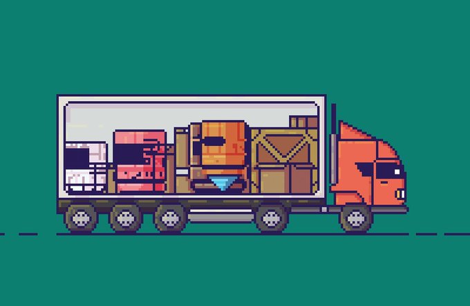 A pixel art illustration of a red delivery truck loaded with various cardboard boxes and packages against a solid green background.