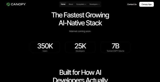The image shows the Canopy (CNPY) website homepage with the tagline "The Fastest Growing AI-Native Stack" and announces "Mainnet coming soon." It displays key metrics of 350K Users, 25K Developers, and 7B Testnet CNPY Volume.

The post highlights Canopy's upcoming L1 Launchpad, positioning it as a solution for launching application-specific blockchains with an engaged community—directly tying into the image's "Mainnet coming soon" message and the project's emphasis on rapid ecosystem growth.