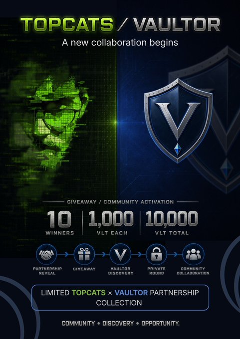 A promotional graphic for a "TOPCATS / VAULTOR" collaboration, featuring a green digital face and a shield logo with text detailing a giveaway of 10 winners, 1,000 VLT each, totaling 10,000 VLT.
