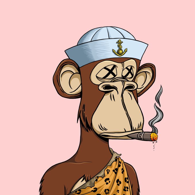 A Bored Ape-style cartoon monkey wearing a sailor's hat and a leopard print garment, with X's instead of eyes and a lit cigar in its mouth against a pink background.
