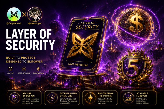 The image features a poster with purple and gold colors, which has a layer of security written on it. The poster also includes a description that reads "Layer of Security" and an explanation about the importance of information sharing within communities. The poster is accompanied by a caption that says "@quipnetwork", indicating its connection to Quip network.