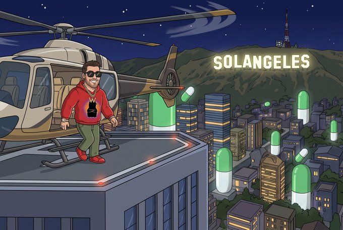 A cartoon-style illustration of a man in a red hoodie and sunglasses standing on a building rooftop next to a helicopter, overlooking a city with giant pill capsules and the text 'SOLANGELES'.