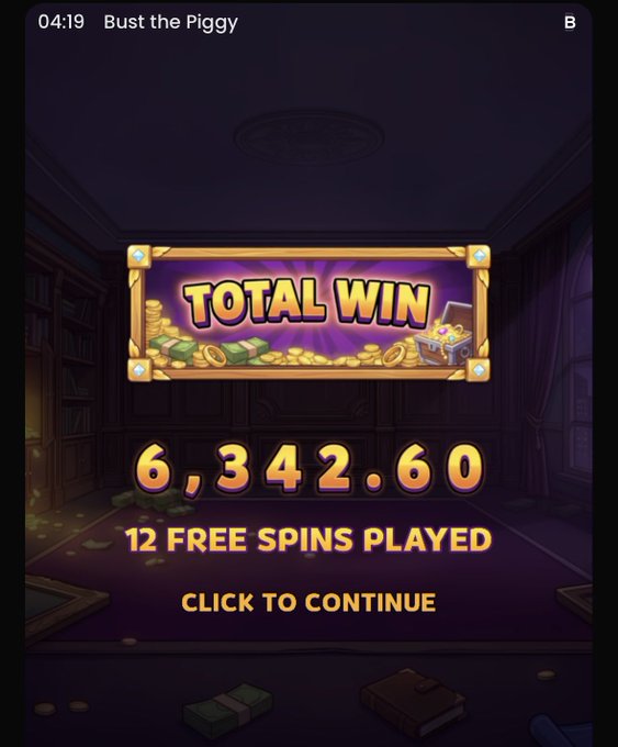 A mobile game screenshot titled "Bust the Piggy" displays a "TOTAL WIN" screen showing 6,342.60 from 12 free spins played, with gold coins overflowing from a chest—tying into the celebratory win posture of the poster's excited reaction asking for a SOL address to send winnings to.