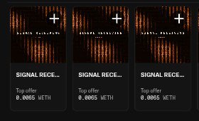 Three dark cards labeled 'SIGNAL RECE...' with red audio waveform graphics, each showing a top offer of 0.0065 ETH.