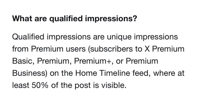 An informational text explaining: 'What are qualified impressions? Qualified impressions are unique impressions from Premium users (subscribers to X Premium Basic, Premium, Premium+, or Premium Business) on the Home Timeline feed, where at least 50% of the post is visible.'