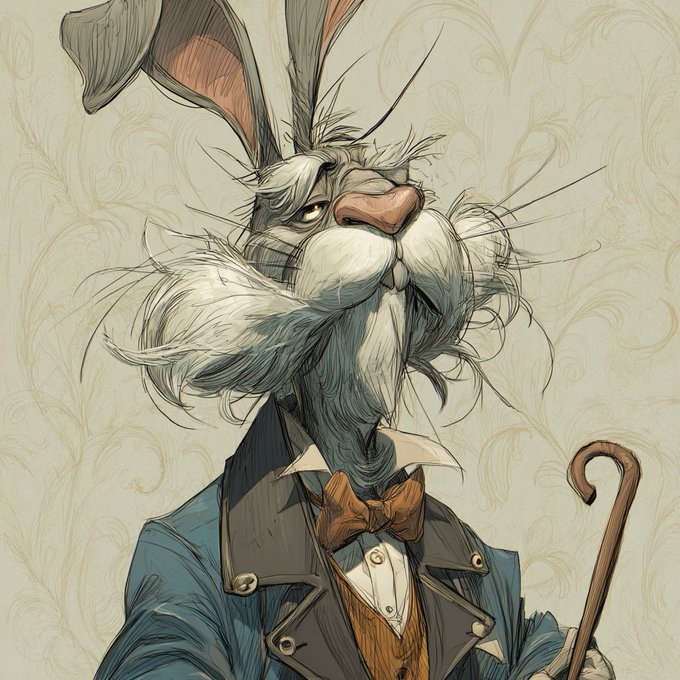 An illustrated portrait of a stylized anthropomorphic rabbit dressed in a Victorian suit with a brown bow tie, holding a walking cane.