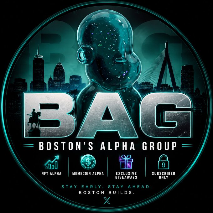 A promotional graphic for "BAG - Boston's Alpha Group" features a translucent figure with a Boston skyline background and lists "NFT ALPHA," "MEMECOIN ALPHA," "EXCLUSIVE GIVEAWAYS," and "SUBSCRIBER ONLY" with the tagline "STAY EARLY. STAY AHEAD. BOSTON BUILDS."