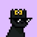 Pixel art character with yellow eyes and a dark hat/cape against a purple background.