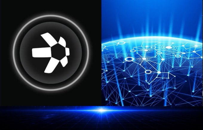 A digital graphic featuring a white geometric logo inside a glowing black circle on the left, alongside a blue wireframe globe design on the right.