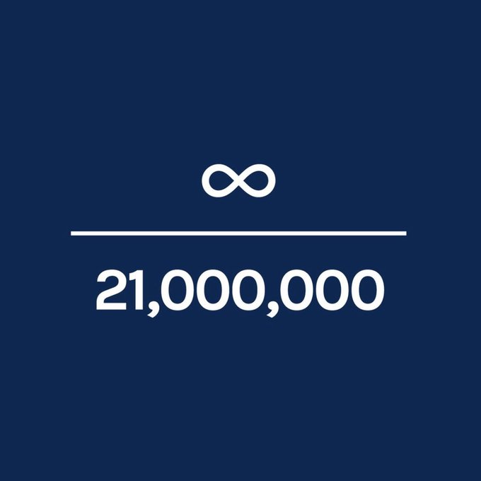 A minimalist dark blue graphic featuring a white infinity symbol centered above a horizontal line, with the number '21,000,000' displayed prominently in white text below.