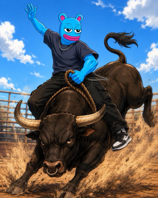 Illustration of a character wearing a blue cartoonish mouse/frog mask and a dark t-shirt riding a bucking brown bull in a dirt arena.