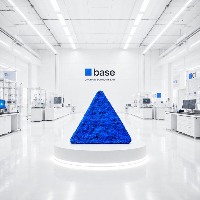 A bright laboratory setting features a blue textured pyramid sculpture with the text 'base ONCHAIN ECONOMY LAB' on the wall.