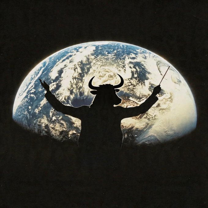 The image features a silhouette of a person with horns, standing against a backdrop of a globe or planet. The person appears to be conducting an orchestra, as indicated by their raised arms. The caption "Lets settle in the MOON" suggests that this scene takes place on the moon, adding a whimsical and imaginative element to the image.