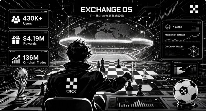 An OKX promotional graphic titled 'EXCHANGE 05' highlights '430K+ Users,' '$4.19MM Rewards,' and '136M On-chain Trades,' featuring a person at a chessboard, a soccer ball, and a World Cup-style trophy.