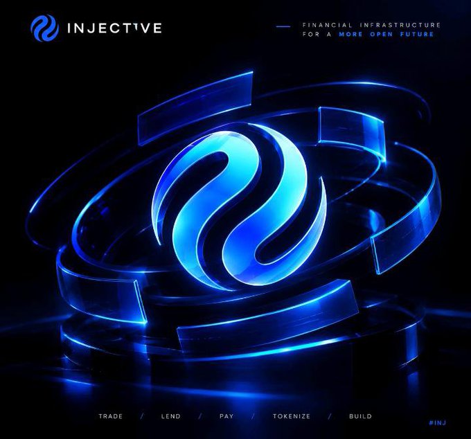 A promotional graphic for 'INJECTIVE' featuring a glowing blue 3D logo, with the tagline 'FINANCIAL INFRASTRUCTURE FOR A MORE OPEN FUTURE' and links for 'TRADE / LEND / PAY / TOKENIZE / BUILD'.