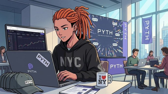 The image features a cartoon woman working at her laptop computer in an office setting. She appears to be focused on the task of managing multiple emails simultaneously, as there are several open windows on her screen. 
In addition to the main character, there is another person visible in the background who seems to be observing or participating in the activity taking place around them. A coffee cup can also be seen placed near the laptop, indicating a busy work environment. The overall atmosphere of the scene suggests that the people involved may be dealing with market data and making adjustments using Pyth's new Terminal which provides direct access to 3,000+ live price feeds across various asset classes such as crypto, equities, FX, commodities, and more.