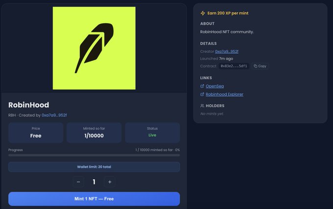 A RobinHood NFT minting page on OpenSea shows a green feather logo, priced free with 1/10000 minted, created by 0xo7o9...052f.