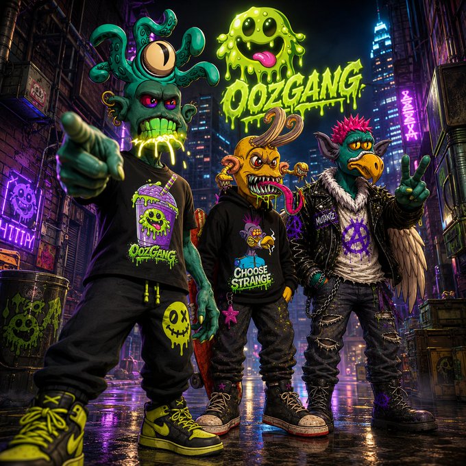 Vibrant digital art poster titled 'OOZGANG' depicting three stylized monster/alien characters in streetwear standing in a neon-lit urban alleyway, one wearing a 'CHOOSE STRANGE' shirt.