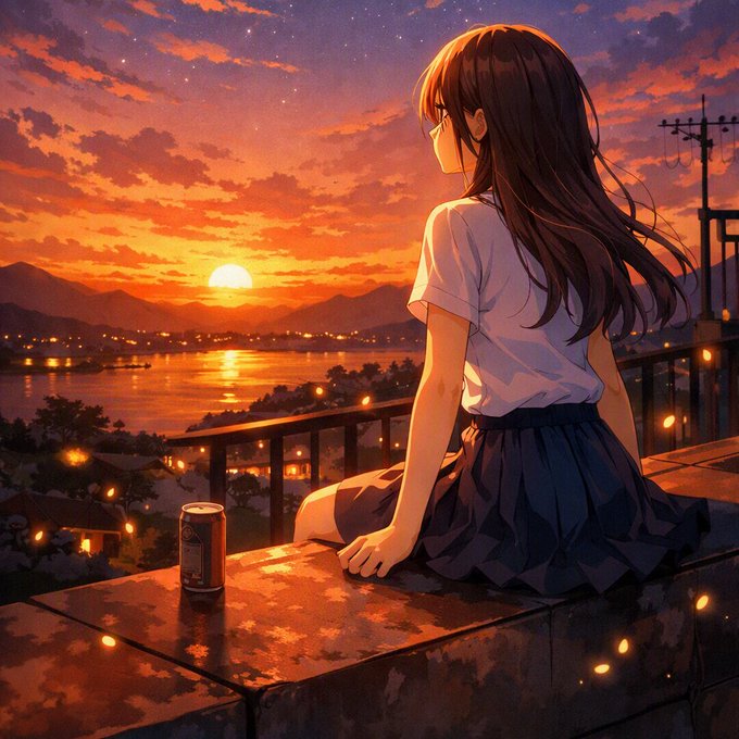 An anime-style illustration of a girl with long brown hair sitting on a wall, looking out at a vibrant sunset over a body of water and distant mountains, with a beverage can resting on the wall beside her.