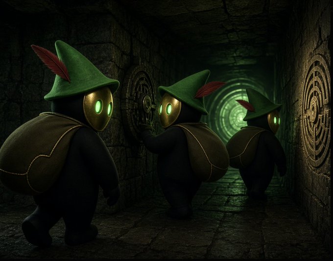 Three small, black, round characters wearing green Robin Hood-style hats with red feathers and carrying burlap sacks walk through a dark stone tunnel with circular carvings on the walls.