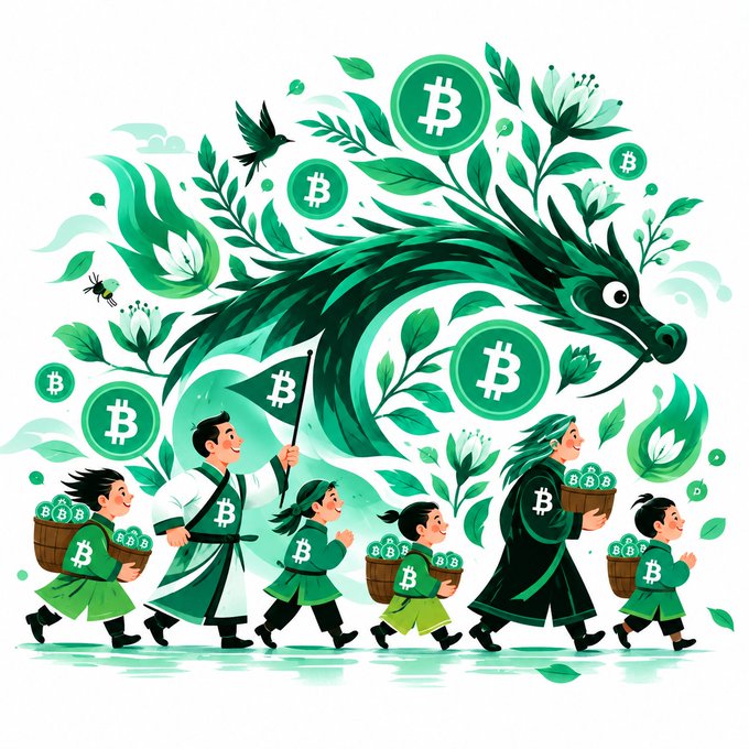 A stylized green illustration features a large dragon made of leaves and Bitcoin symbols, with cartoon figures in traditional clothing carrying baskets of Bitcoin coins.