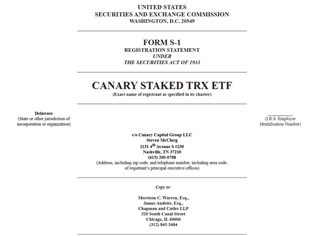 The cover page of a U.S. Securities and Exchange Commission Form S-1 Registration Statement for the CANARY STAKED TRX ETF, submitted by Canary Capital Group LLC.