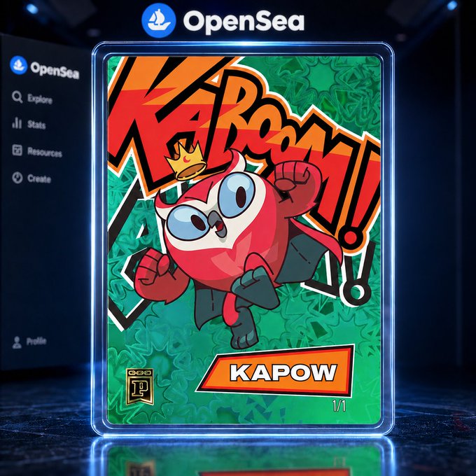 The image showcases an OpenSea NFT trading card featuring a red cartoon character with a crown and the bold text "KAPOW!" on a green graffiti-style background, with "1/1" indicating it's a one-of-one edition. Displayed within a sleek digital marketplace interface, this standout NFT sale exemplifies the kind of unique digital collectible transactions that generate excitement and positive attention for the NFT space.