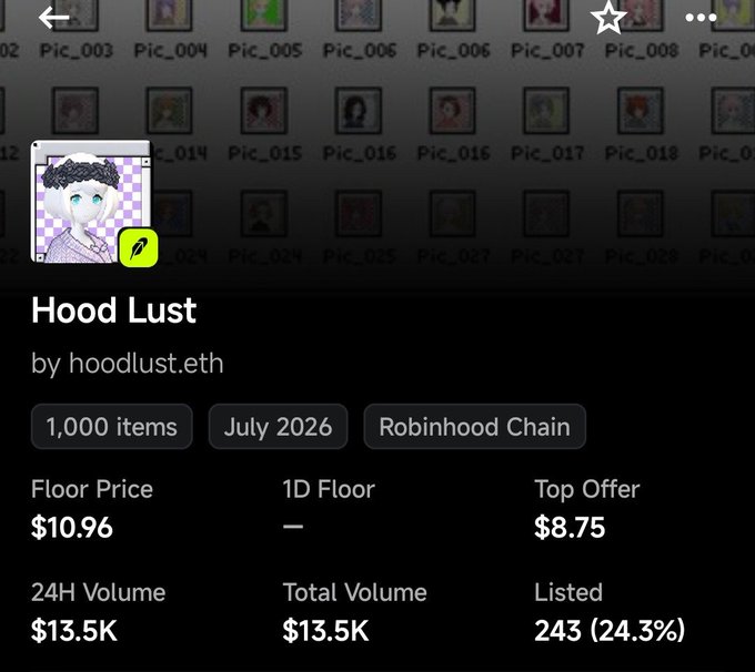 A mobile app interface for an NFT collection called 'Hood Lust' by hoodlust.eth, showing a floor price of $10.96, 24H volume of $13.5K, and 1,000 items on the Robinhood Chain, dated July 2026.