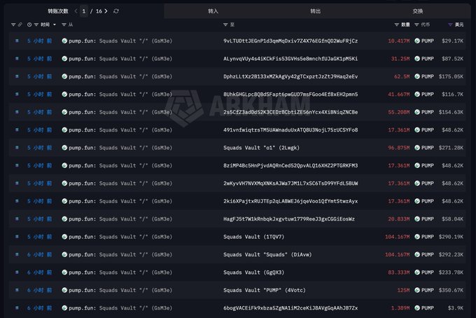 Cryptocurrency transaction history showing transfers to and from 'pump.fun: Squads Vault' addresses with PUMP token prices and USD values displayed.