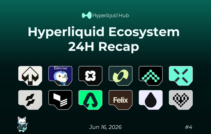 The image features a poster for Hyper Liquid Ecosystem 24H, which was posted on June 16, 2016. The poster includes various logos and icons related to the ecosystem, such as a blue bird logo, a green heart symbol, and a white and black checkerboard pattern. The text on the poster reads "Hyperliquid Ecosystem 24H Recap #4 Perps @Perpsdotfun @Kinetiq_xyz".