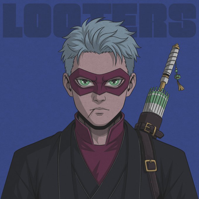 An anime-style character illustration with silver hair and a purple mask, wearing a black outfit with a sword hilt visible, against a blue background with the word 'LOOTERS'.