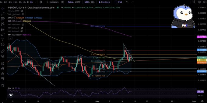 A cryptocurrency trading chart displays the 'PENGU/USD' pair on the 8h timeframe from GeckoTerminal.com, showing Bollinger Bands, moving averages, and an RSI indicator, with a cartoon penguin mascot in a hoodie labeled 'PH' in the top right.