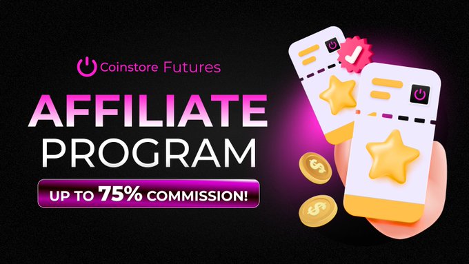 The image is a promotional graphic for the "Coinstore Futures Affiliate Program" featuring the text "UP TO 75% COMMISSION!" It displays illustrated white cards with gold star icons and coins, reinforcing the post's message about partnering with Coinstore to earn high commissions through their official affiliate program.